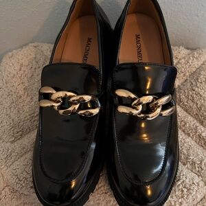 Women’s Black Platform Chunky Patent Loafers with Gold Chain Accent
